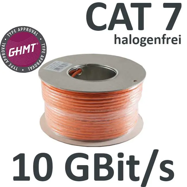 CAT7 Verlegekabel GHMT zertifiziert orange 10 GBit/s AWG 23 Kupfer Halogenfrei 100m Spule